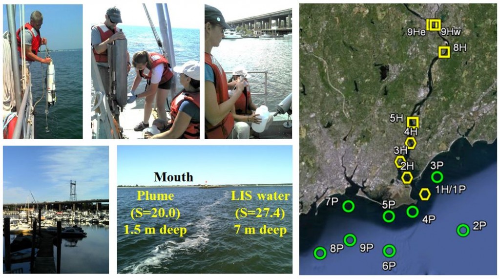 Housatonic Survey: Water quality sampling aboard the R/V Weicker, the Housatonic plume front in the Long Island Sound, and 2012 survey sampling stations.
